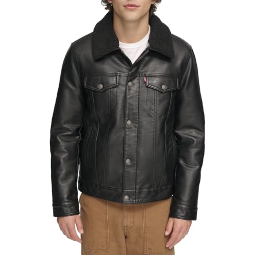 Levi's Men's Faux Leather Classic Trucker Jacket, Black W/Sherpa Collar, M