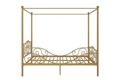 DHP Metal Canopy Kids Platform Bed with Four Poster Design, Scrollwork Headboard and Footboard, Underbed Storage Space, No Box Sring Needed, Full, Gold