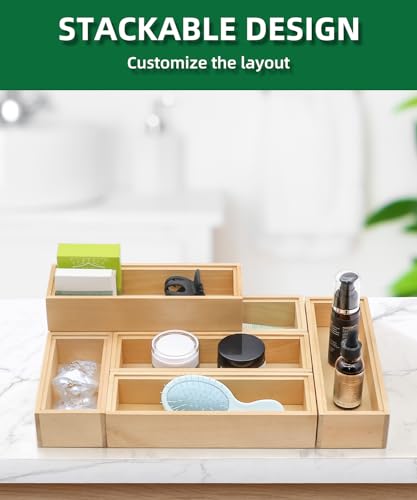 Wood Bamboo Drawer Organizer Set - Stackable Utensil Holders for Kitchen, Silverware Tray for Drawer - Versatile Storage Box Set for Bathroom, Office, and Makeup Organization (Set of 6)