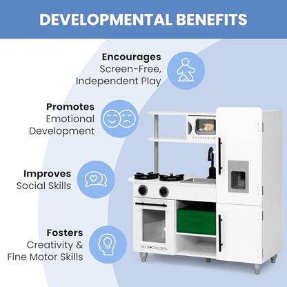 Delta Children Deluxe Modern Kitchen - Toy Kitchen Playset with Realistic Knobs That Turn/Click, Oven, Sink and Fridge/Freezer with Ice Maker, White