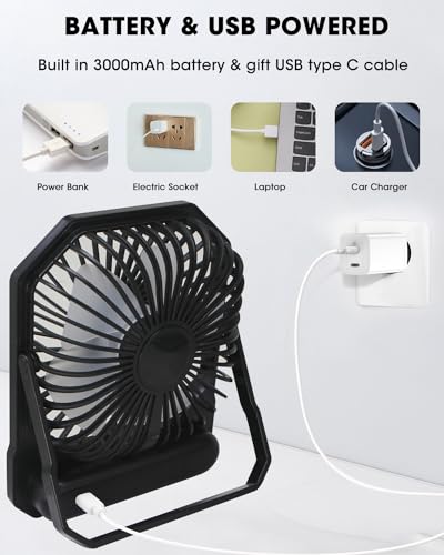 MYMULIKE Battery Operated Small Desk Fan,Portable 3 Speed USB Rechargeable Fan With LED Display， 3000mAh 180° Tilt Folding Personal Fan for Bedroom Home Office Outdoor Trip