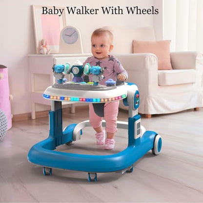 Baby Walker, Baby Walker with Wheels and LED Light, 4 in 1 Foldable Baby Walker, Adjustable Speed and 3 Height for Baby Girl and Baby Boy, Baby Walkers for Babies 6-18 Months