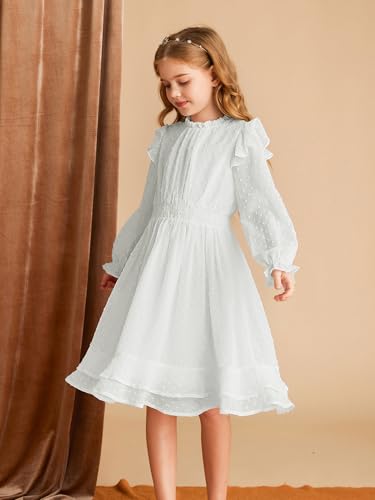 GRACE KARIN Girls Casual Long Sleeve Dress Round Neck Ruffles Double Layer Hem Swiss Dot Girls Dress with Elastic Waist Beige 8Y