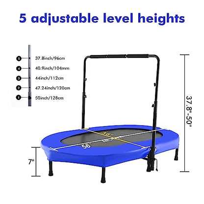 ANCHEER Mini Trampoline for Kids Indoor, Double Kids Trampoline with Adjustable Center Handlebar, 56"X36" Rebounder Trampoline Foldable, Max Load 220 LBS,Blue