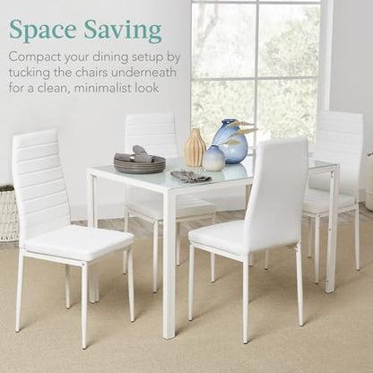 Best Choice Products 5-Piece Glass Dining Set, Modern Kitchen Table Furniture for Dining Room, Dinette, Compact Space-Saving w/Glass Tabletop, 4 Upholstered PU Chairs, Metal Steel Frame - White