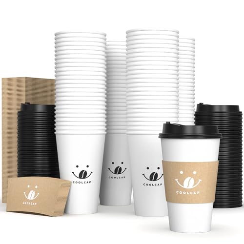 100 Pack 12 oz Disposable Coffee Cups with Lids and Sleeves, To Go Coffee Cups with Lids, Paper Hot Coffee Cups for Hot & Cold Beverage (White, 12 OZ)
