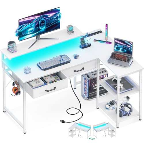 40 Inch L Shaped Gaming Desk with Drawers Shelves