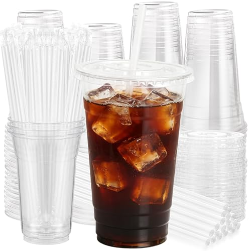 100 Pack 24 oz Plastic Cups with Lids and Straws