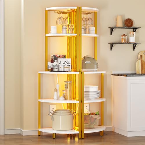YITAHOME Corner Shelf with Power Outlets & LED Lights & Glass Holder, 5 Tier Corner Bar Rack, Corner Storage Cabinet Display Shelves for Living Room, Dining Room, Kitchen, Gold