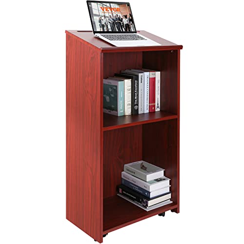 Rolling Podium Stand with Storage Shelves and Desktop