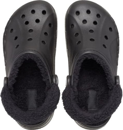 Crocs Unisex-Adult Baya Lined Fuzz Strap Clogs, Black/Black, 11 US