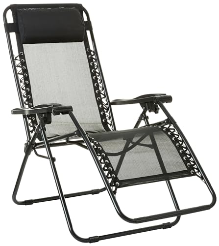 Amazon Basics Outdoor Textilene Adjustable Zero Gravity Folding Reclining Lounge Chair with Pillow, 26", Black