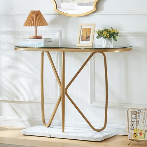 HOMISSUE Console Table, Modern Console Table with Tempered Glass Top and Metal Frame, Glass Entryway Table with Marbled MDF Base, Console Table for Entryway, Hallway, Living Room (Gold&Clear Glass)