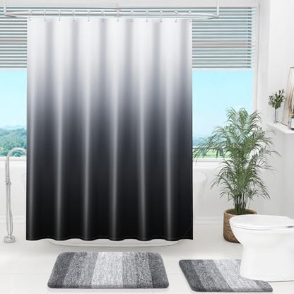 OLANLY Luxury Shower Curtain, Black Ombre Shower Curtain Sets with 12 Shower Curtain Hooks, Waterproof & Washable Black and White Shower Curtains for Bathroom, 72x72 Inches