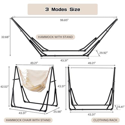 OVASTLKUY 3 in 1 Hammock with Stand, Outdoor Hammock Swing Chair with Portable Heavy Duty Stand, 3 Modes Hammock Stand 480 lbs Weight Capacity (Beige)