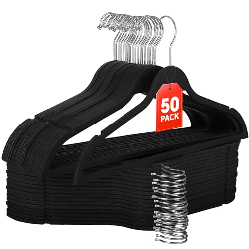 Flysums Heavy Duty Plastic Hangers, 50 Pack Rubber Coating Non Slip Coat Hangers with Shoulder Grooves, Suit Hangers with 360° Swivel Hook, Space Saving Organizer for Bedroom Closet, Black