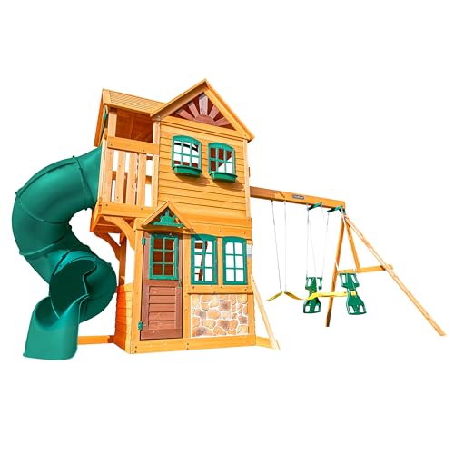 KidKraft Wooden Swing Set with Playhouse and Slide