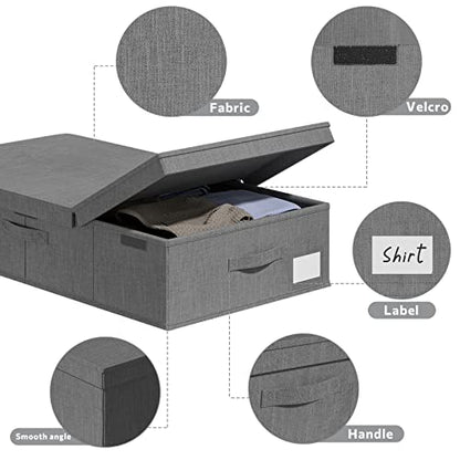 2Pack Under Bed Storage Bins With Lids Carry Handles Linen Fabric Foldable Stackable Sturdy Large Capacity Clothes Organizer for Clothing, Shoes, Blankets, Sweaters (Grey, 31.9‘*17’*6‘)