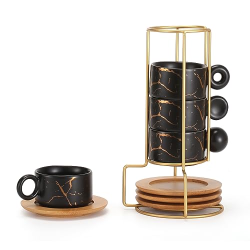 LURRIER Porcelain Espresso Cup with Saucer and Metal Stand, 3 Ounce Stackable Ceramic Demitasse Espresso Mugs Cups Set for Latte,Coffee,Cafe Mocha,Tea(Set of 4),Marbling Black