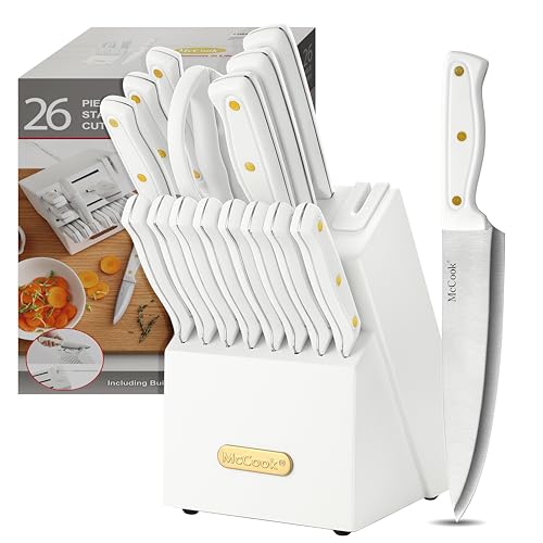 McCook Knife Set with Built-in Sharpener Block, MC703 Kitchen Knife Set with Block, 26 Pcs High Carbon Stainless Steel Kitchen Knife Sets with Block Self Sharpening, White