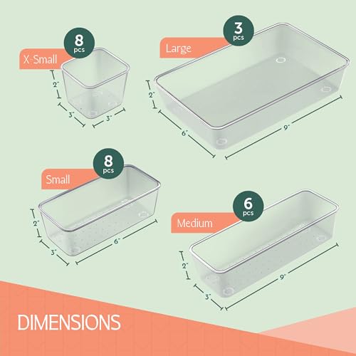 25 PCS Clear Plastic Drawer Organizers Set, 4 Sizes Clear Drawer Organizers & storage Bins for Makeup/Jewelry Vanity, Kitchen Gadgets Or Office Desk. Bathroom Drawer Organizer Trays With Non-Slip Pads