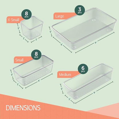 25 PCS Clear Plastic Drawer Organizers Set, 4 Sizes Clear Drawer Organizers & storage Bins for Makeup/Jewelry Vanity, Kitchen Gadgets Or Office Desk. Bathroom Drawer Organizer Trays With Non-Slip Pads