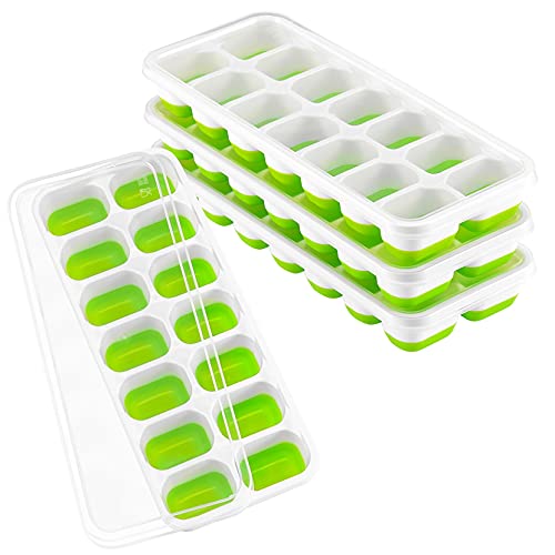 Ice Cube Tray, Easy Release Ice Tray BPA Free, 4 Pack 14-Ice Cube Tray with Lid, Stackable Silicone Ice Cube Mold, Suitable for Frozen Drinks, Coffee, Baby Food and Fruit