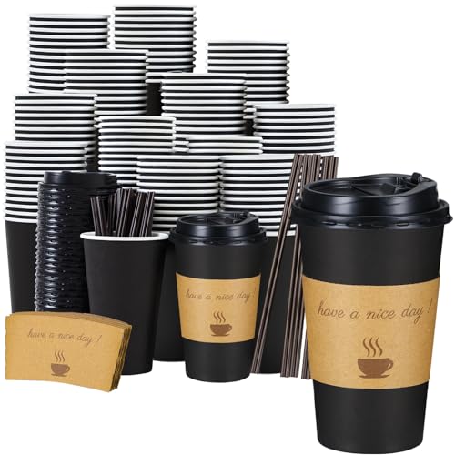 50 Pack Disposable 16 oz Coffee Cups with Lids