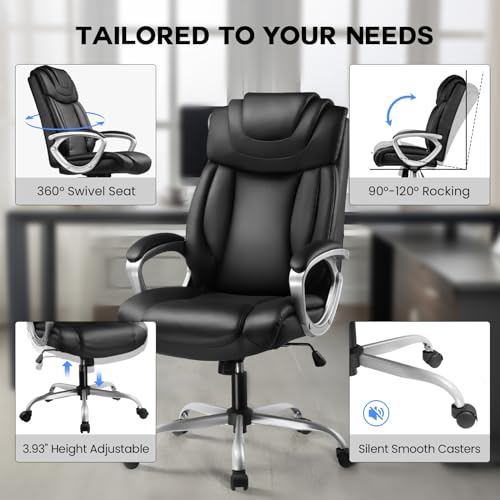 COMHOMA Executive Office Chair, Comfy Desk Chair with Back Support Bonded Leather Computer Gaming Chair with Wheels and Headrest, Height Adjustable Tilt Swivel Rolling Reclining Seat, Black