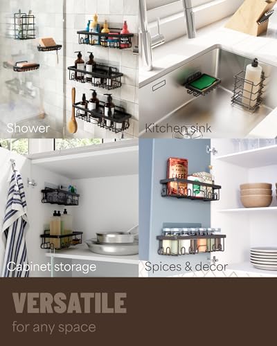 Veken Shower Caddy 6 Pack,Adhesive Bathroom Shower Organizer for Bathroom Storage&Home Decor&Kitchen,No Drilling,Large Capacity, Rustproof Stainless Steel Shower Shelves Rack for Inside Shower, Black