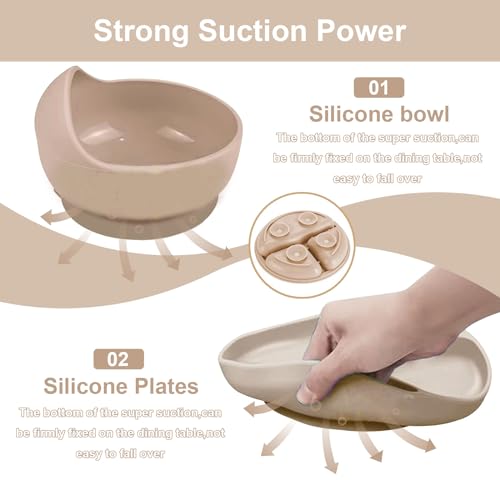 Silicone Baby Feeding Set, Fzyoayzm 8pcs Baby Led Weaning Supplies With Suction Bowl Divided Plate, Toddler Led Weaning Self Feeding Utensils Dish Set with Spoons Forks Sippy Cup Bib BPA-Free