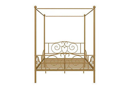 DHP Metal Canopy Kids Platform Bed with Four Poster Design, Scrollwork Headboard and Footboard, Underbed Storage Space, No Box Sring Needed, Full, Gold