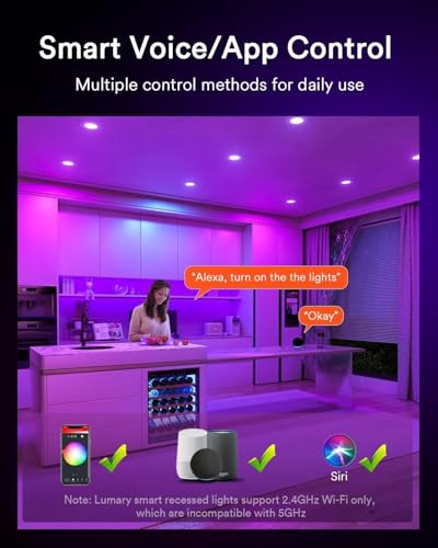 Lumary Integrated Smart Recessed Lighting 4 Inch with Junction Box 9W 780LM Canless WiFi Downlight RGBCW Color Changing Wafer Lights Work with Alexa/Google Assistant, 1PCS
