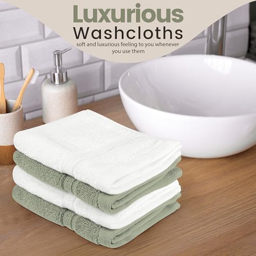 Towel and Linen Mart 100% Cotton - Wash Cloth Set - Pack of 4,Luxurious, Absorbent,Soft Feel Perfect for Daily Use (12 x 12 White & Sage Green)