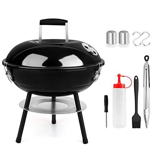 14 Inch Charcoal Grill, HaSteeL Mini Enamel BBQ Grill Set of 9, Portable for Outdoor Cooking Backyard Garden Camping Picnic Barbecue, Include Fork, Brush, Bottle, Salt Shakers, Hooks, Screwdriver