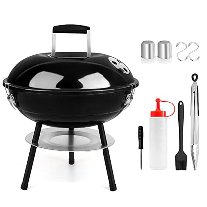 14 Inch Charcoal Grill, HaSteeL Mini Enamel BBQ Grill Set of 9, Portable for Outdoor Cooking Backyard Garden Camping Picnic Barbecue, Include Fork, Brush, Bottle, Salt Shakers, Hooks, Screwdriver