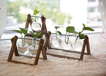 Water Planting Glass Vase Desktop Glass Planter Bulb Vase Hanging with Retro Solid Wooden Stand for Hydroponics Plants Home Office Decor (Three)