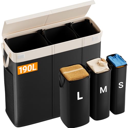 190L Large Laundry Hamper with Lid, 3 Sections