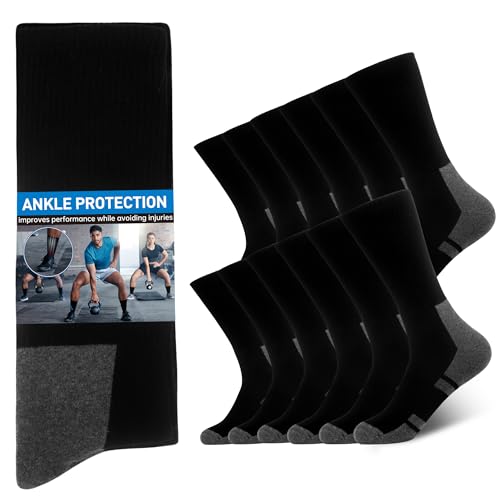 WeciBor Men's Ankle Protection Combed Cotton Cushioned Performance Athletic Crew Socks - 12 Pack - Size 10-13 - Black Athletic Series