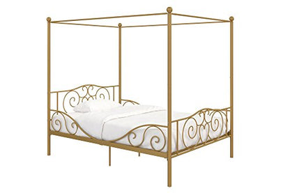 DHP Metal Canopy Kids Platform Bed with Four Poster Design, Scrollwork Headboard and Footboard, Underbed Storage Space, No Box Sring Needed, Full, Gold