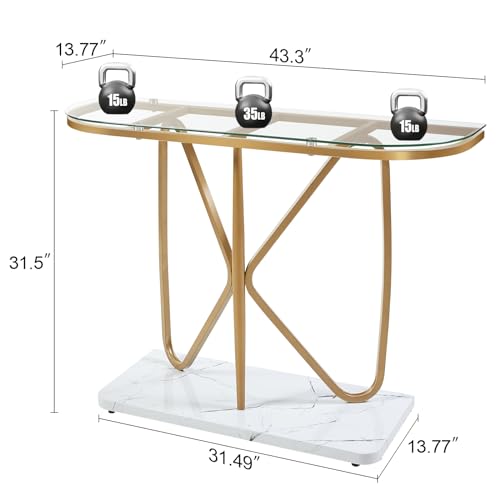 HOMISSUE Console Table, Modern Console Table with Tempered Glass Top and Metal Frame, Glass Entryway Table with Marbled MDF Base, Console Table for Entryway, Hallway, Living Room (Gold&Clear Glass)