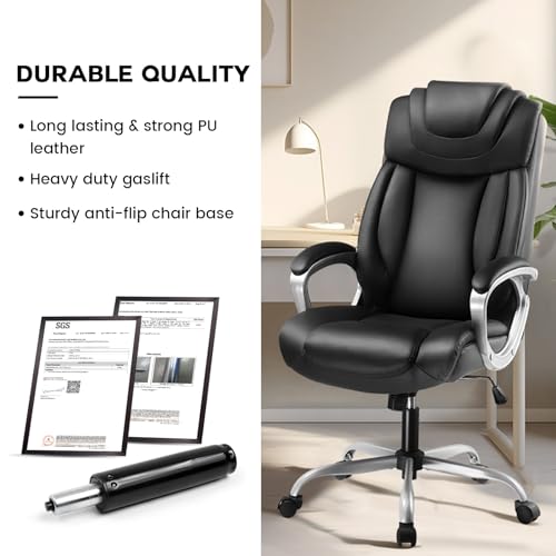 COMHOMA Executive Office Chair, Comfy Desk Chair with Back Support Bonded Leather Computer Gaming Chair with Wheels and Headrest, Height Adjustable Tilt Swivel Rolling Reclining Seat, Black