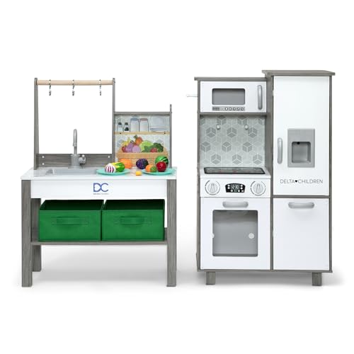 Delta Children Gourmet All-in-One Corner Play Kitchen - Toy Kitchen Playset with Safe & Heatless Stove with Lights, Oven, Sink, Fridge/Freezer with Ice Maker and 20 Accessories, Natural/White