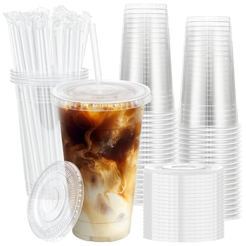 100 Pack 20oz Plastic Cups with Lids and Straws
