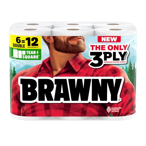 6 Double Rolls Brawny Tear-A-Square Paper Towels 3-Ply