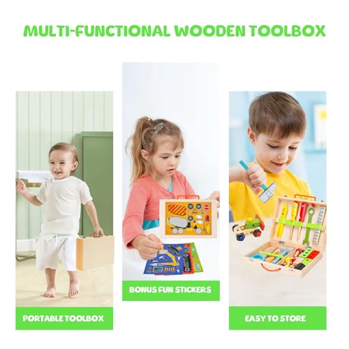 Tool Kit for Kids - 41 Pcs Wooden Toddler Tools Set Include Tool Box & DIY Stickers, Montessori Educational STEM Construction Toys for 2 3 4 5 6 Years Old Boys Girls, Birthday Gift for Kids