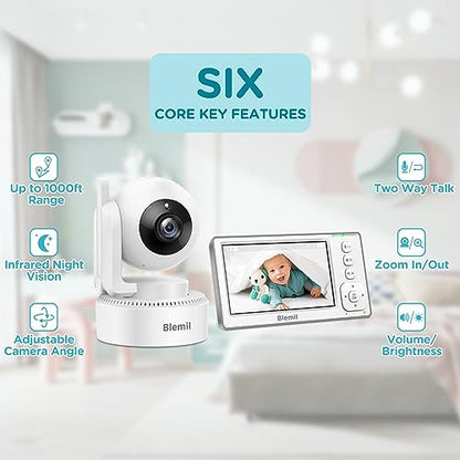 Blemil Baby Monitors, 4.3'' IPS Split-Screen Monitor with 29-Hour Battery, Pan-Tilt-Zoom Video Baby Monitor with 2 Cameras and Audio, No WiFi, 2X Zoom