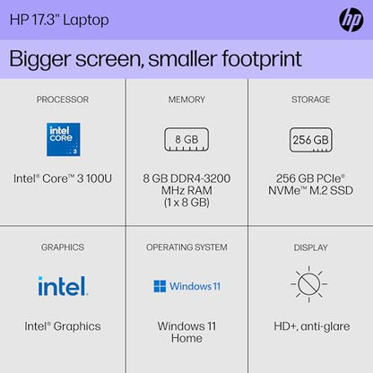 HP 17.3 inch Laptop, HD+ Display, Intel Core 3 100U, 8 GB RAM, 256 GB SSD, Intel Graphics, Windows 11 Home, 17-cn4010nr (2024)