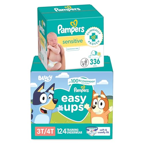 Pampers Easy Ups Pull On Training Pants Boys and Girls, 3T-4T, One Month Supply (124 Count) with Sensitive Water Based Baby Wipes 4X Pop-Top Packs (336 Count)