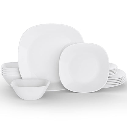 Dinnerware Set, MEKY 18-piece Opal Dishes Sets Service for 6,Square Plates and Bowls Set-White